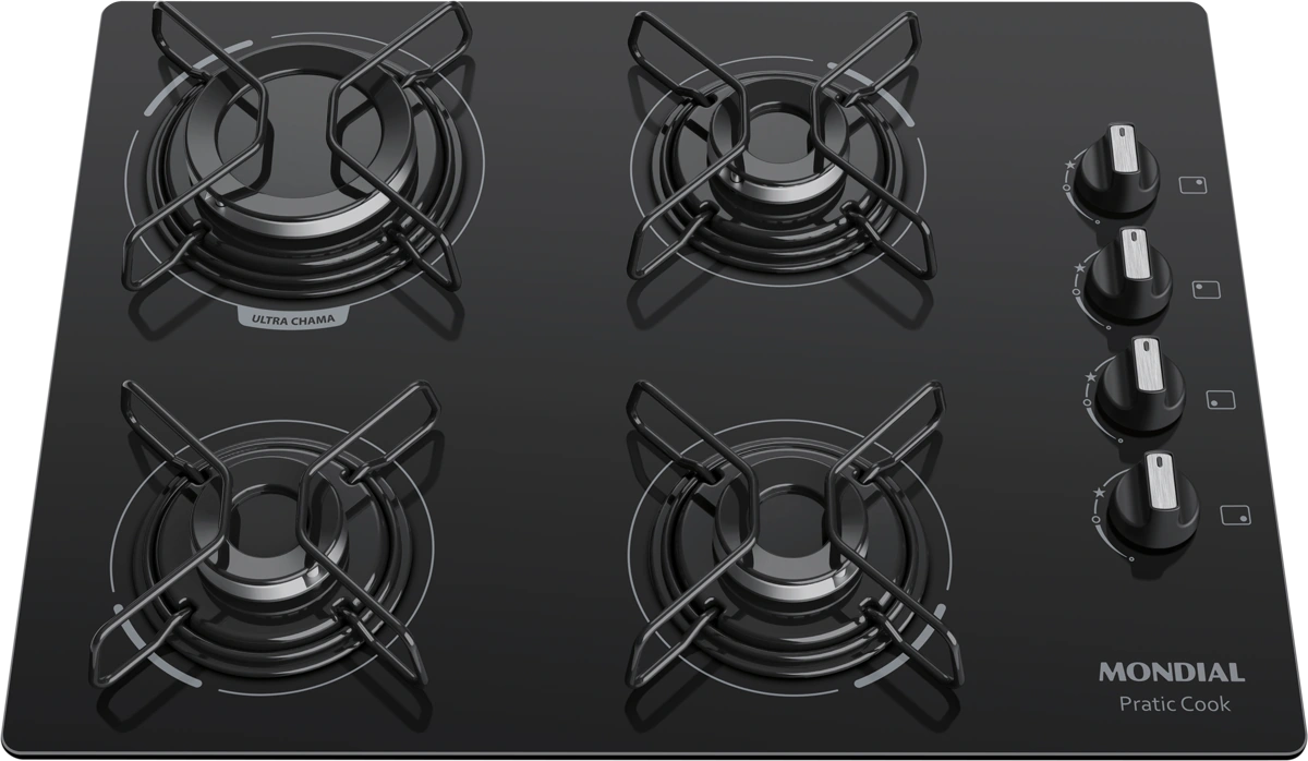 Detalhe dos botões removíveis e dos queimadores do cooktop