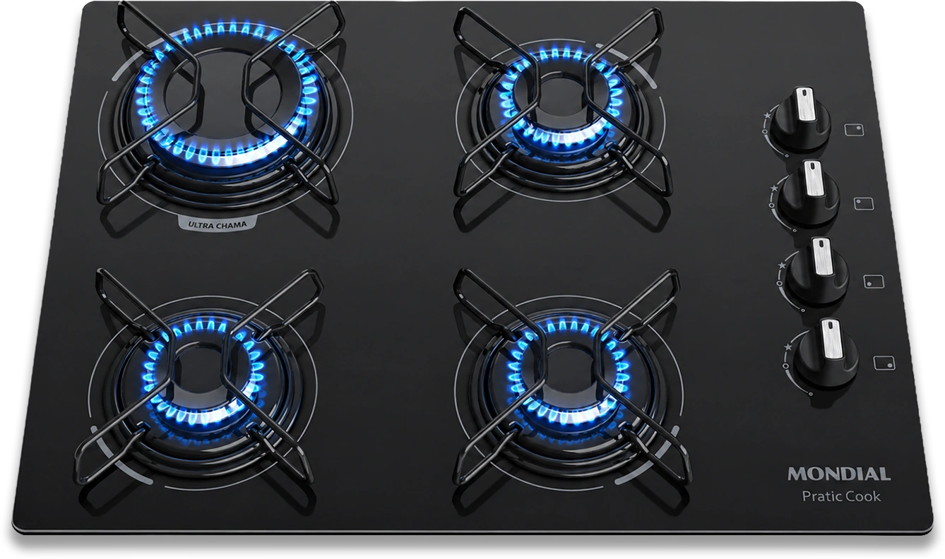Cooktop Mondial com as quatro chamas acesas