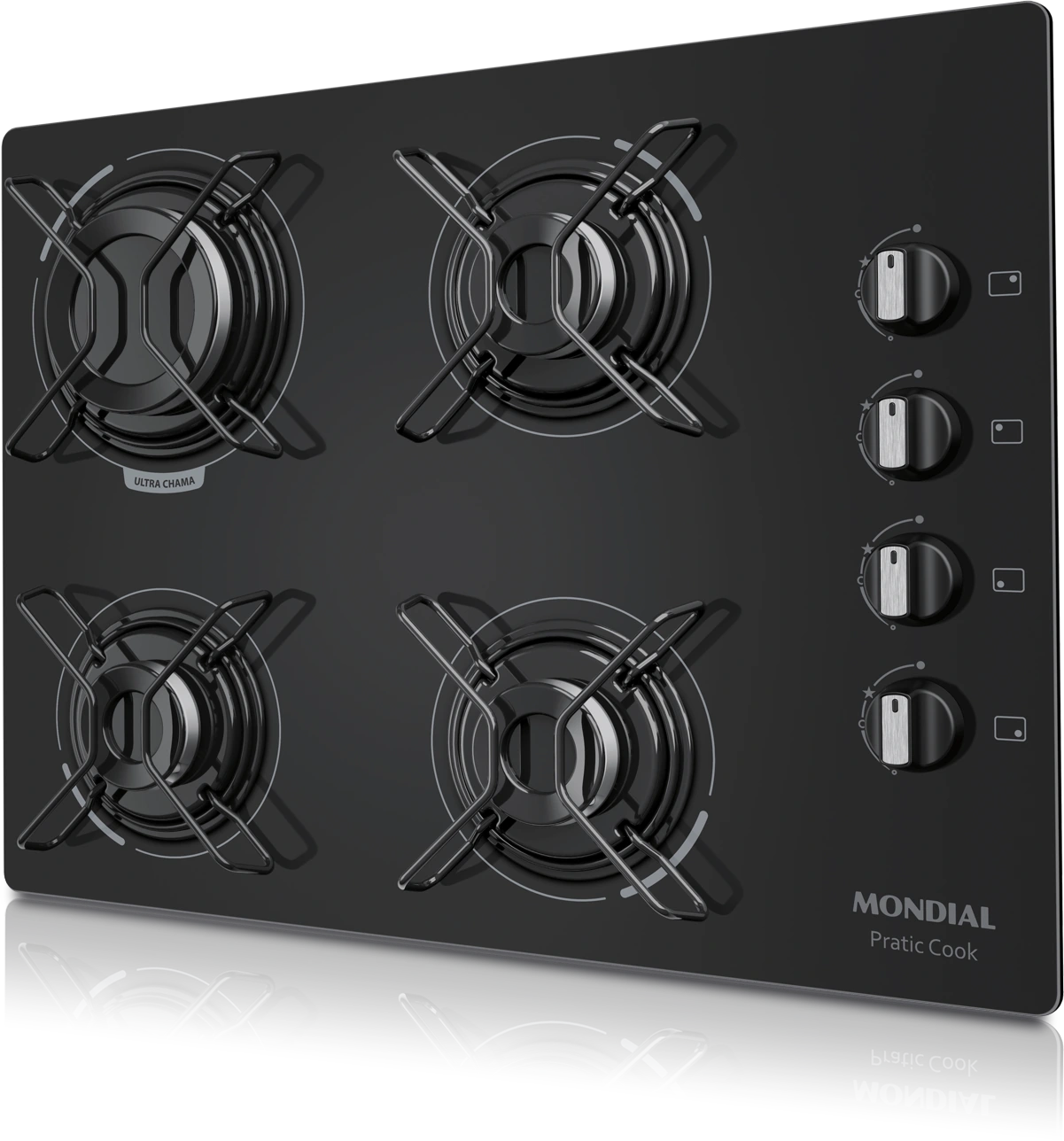 Cooktop preto com quatro queimadores e mesa de vidro temperado