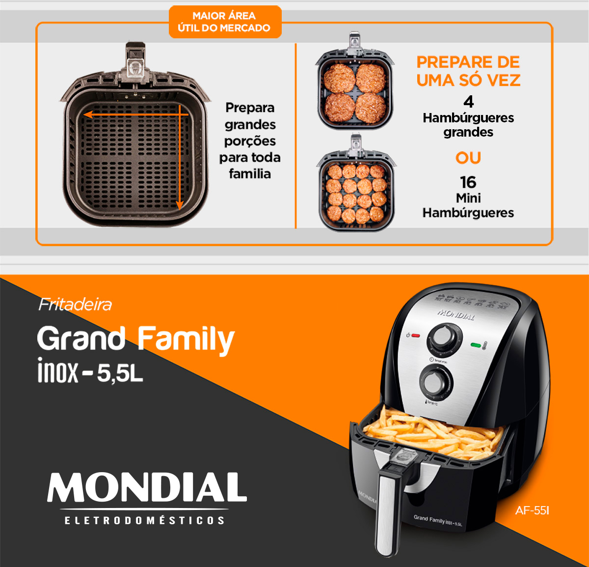 Freidora sin aceite Mondial Grand Family Inox AF-55i air frayer, fritadeira  eletrica, fritadeira arfray, airfryer