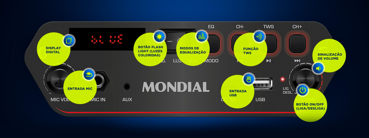 Display digital. Facilita a visualização das funções e frequências. Entrada mic. Permite conectar microfone. Modos de equalização. Permite configurar equalização, para que a música tenha mais aspecto grave, médio ou agudo. Botão flash light. Turbine sua festa com luzes coloridas. Entrada usb. Permite conectar pen drive. Rádio fm estéreo. Com sintonia digital.