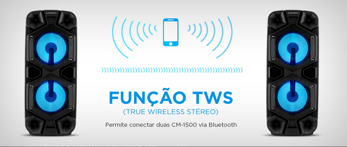 FUNÇÃO TWS. (True Wireless Stéreo). Permite conectar duas CM-1500 via Bluetooth. FLASH LIGHT. Luzes coloridas que piscam e animam qualquer ambiente.