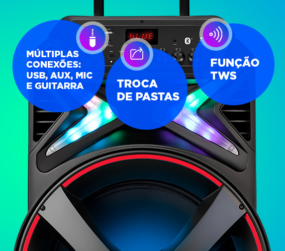 SUAS MÚSICAS COM
MAIS QUALIDADE! Ideal para você curtir seu som, seja nas festas ou reuniões com
amigos e família.Além das entradas USB e AUX, possui entrada para microfone e instrumentos musicais, com volume independente para cada uma. Seu display é digital e ainda conta com rádio FM, alça retrátil e rodinhas para transporte.