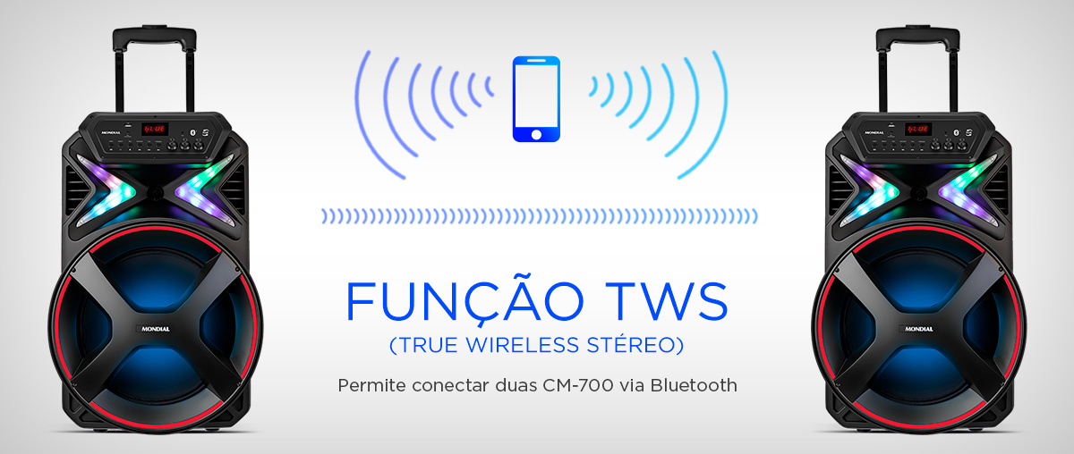 FUNÇÃO TWS. (True Wireless Stéreo). Permite conectar duas CM-700 via Bluetooth. FLASH LIGHT. Luzes coloridas que piscam e animam qualquer ambiente.
