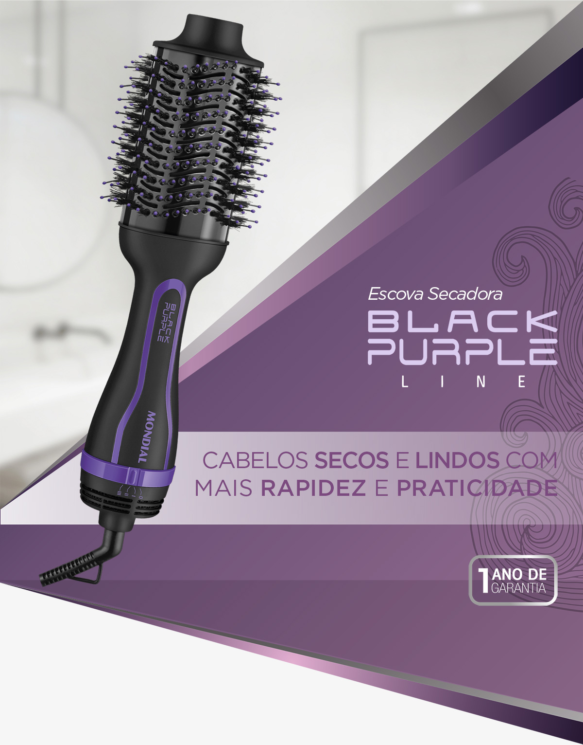 Escova Secadora Black Purple Line. Cabelos secos e lindos com mais rapidez e praticidade. 1 Ano de garantia.