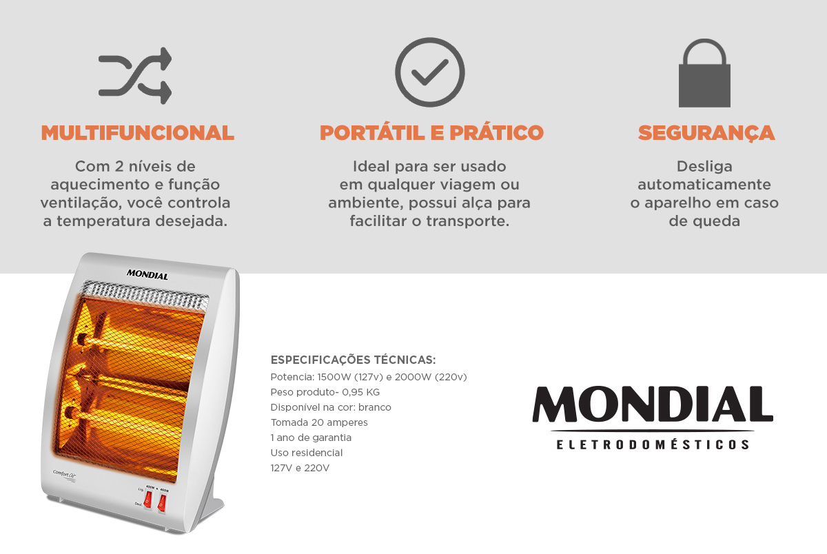 Baixo nível de ruído: ambientes mais tranquilos. Especificações técnicas: Potencia: 1500W (127v) e 2000W (220v), Peso produto- 0,95 KG, Disponível na cor: branco, Tomada 20 amperes, 1 ano de garantia, Uso residencial, 127V e 220V. Mondial Eletrodomésticos.