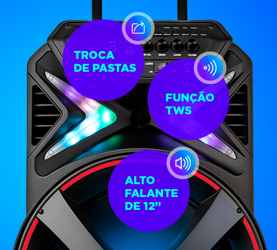Suas músicas com mais qualidade!Ideal para você curtir seu som, seja nas festas ou reuniões com amigos e família. Conexão Bluetooth e 400W RMS, oferecendo máxima performance, entrada para instrumentos musicais, USB e AUX. Seu display é digital e ainda conta com rádio FM, alça retrátil e rodinhas para transporte. 400W RMS. Muita potência para uma diversão garantida. BLUETOOTH. Facilidade para ouvir músicas direto do celular sem uso de cabo.