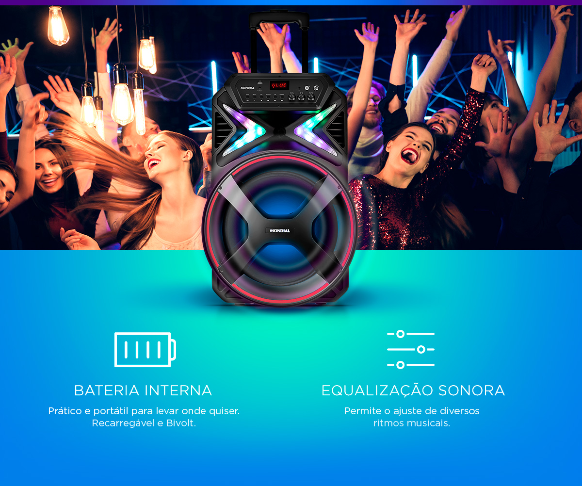 BATERIA INTERNA.Prático e portátil para levar onde quiser. Recarregável e Bivolt. EQUALIZAÇÃO SONORA. Permite o ajuste de diversos ritmos musicais.